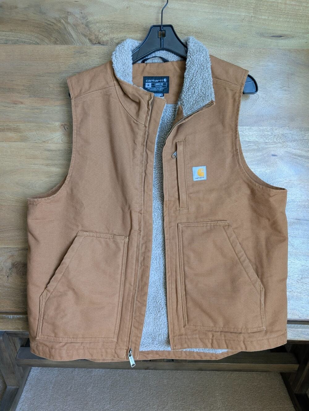 NWT Carhartt Canvas Vest Mens M Brown Sherpa Lined Loose Fit Full Zip OV4277-M
